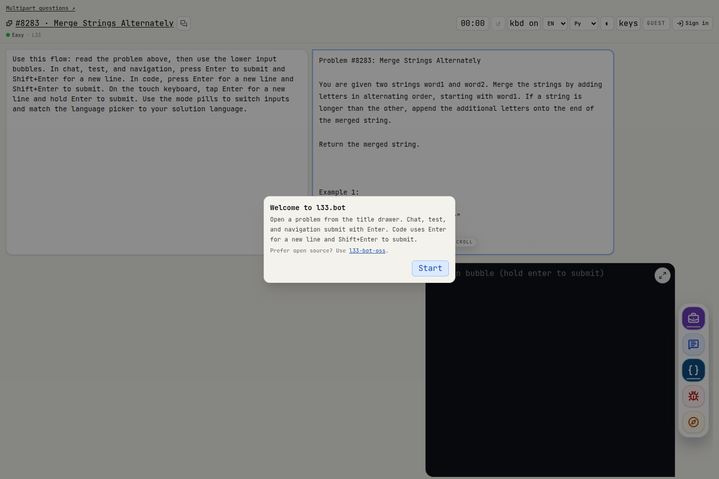 Public l33.bot coding practice interface.